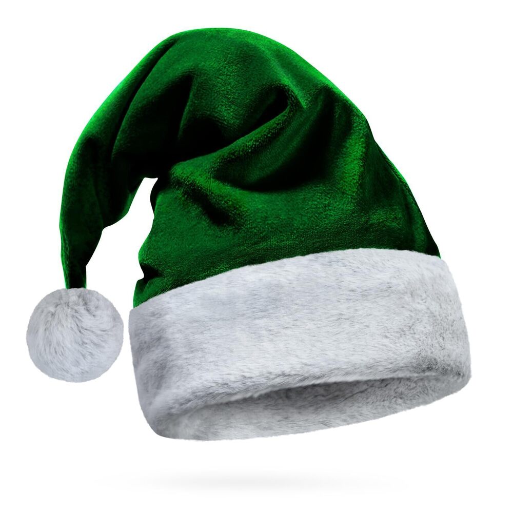 7980 Dark Green Velvet Santa Hat Gray Faux Fur, Soft Furry Wolf Trim